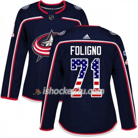 Dame NHL Columbus Blue Jackets Trøje Nick Foligno 71 Adidas 2017-2018 Marine Blå USA Flag Fashion Authentic